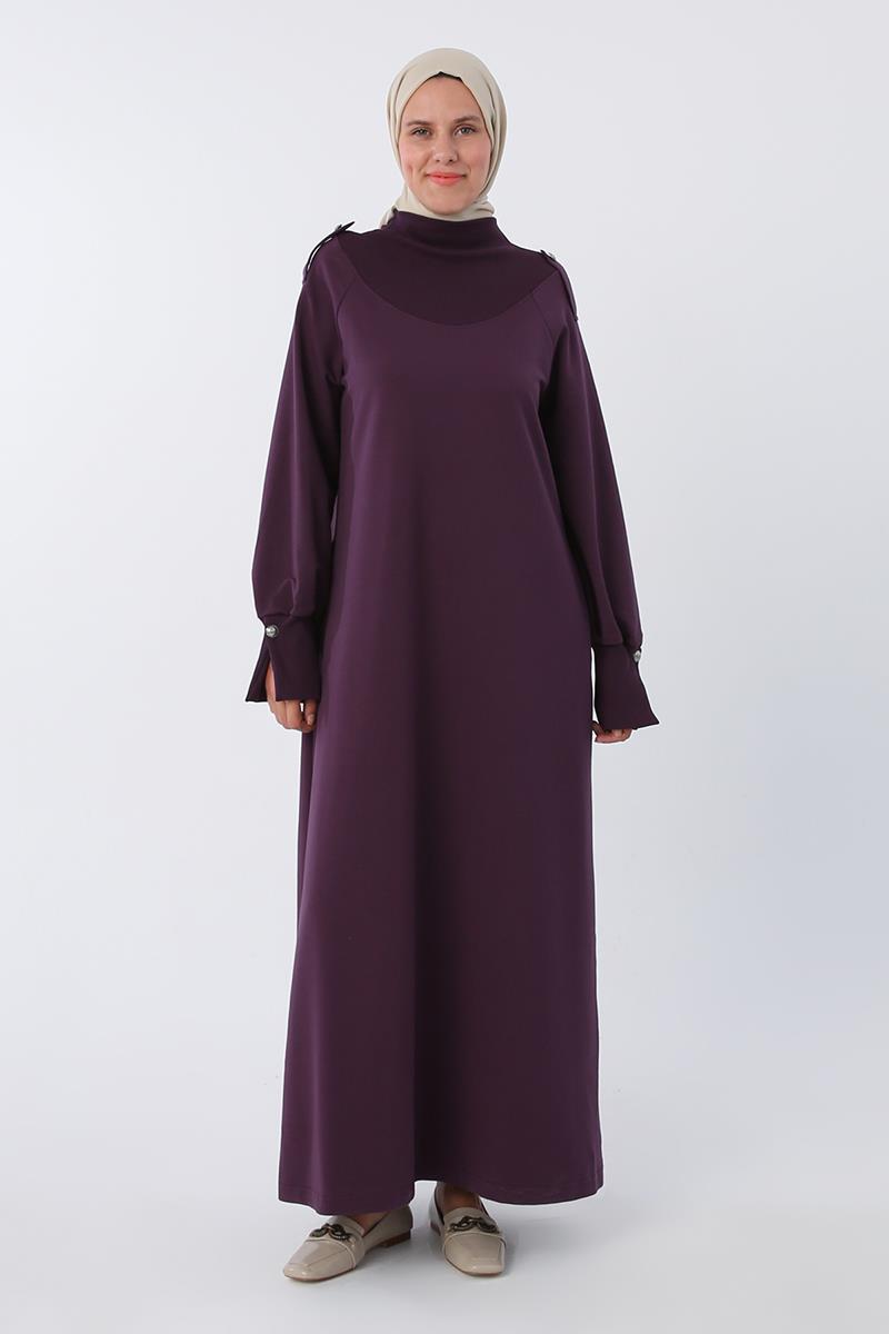 Mürdüm-Pamuklu Kolları Düğmeli Apoletli Elbise