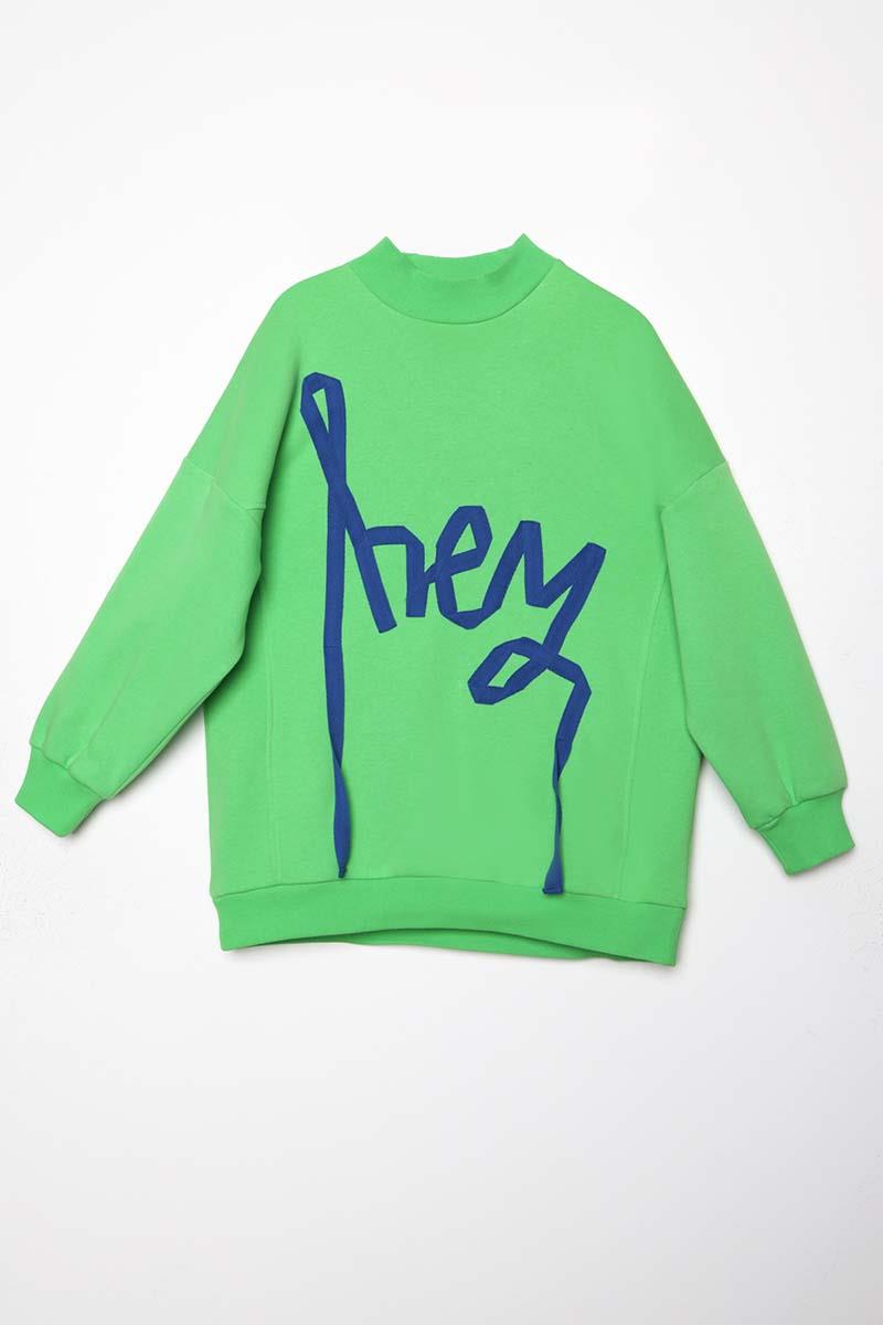 Neon Yeşil-Oversize Şardonlu Şerit Detaylı Sweatshirt