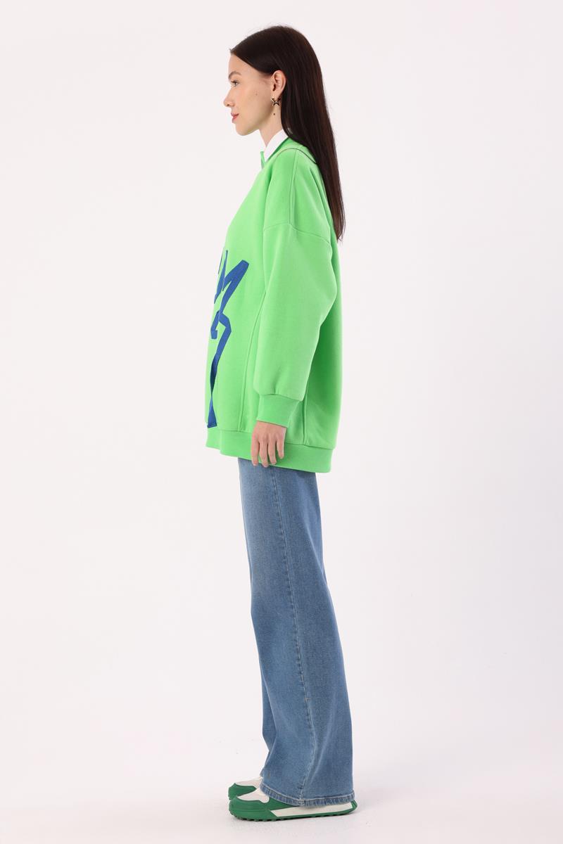 Neon Yeşil-Oversize Şardonlu Şerit Detaylı Sweatshirt