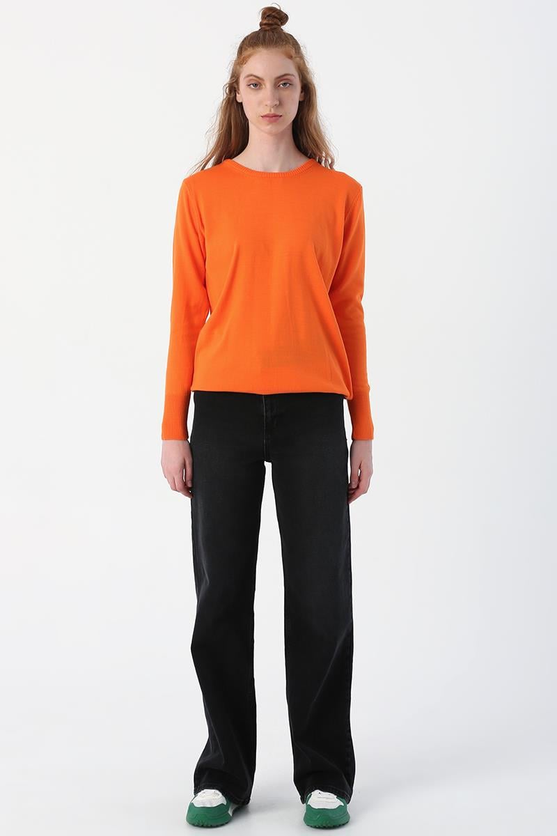 Orange-Crewneck Knitwear Sweater