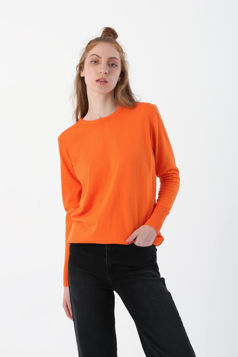 Orange-Crewneck Knitwear Sweater
