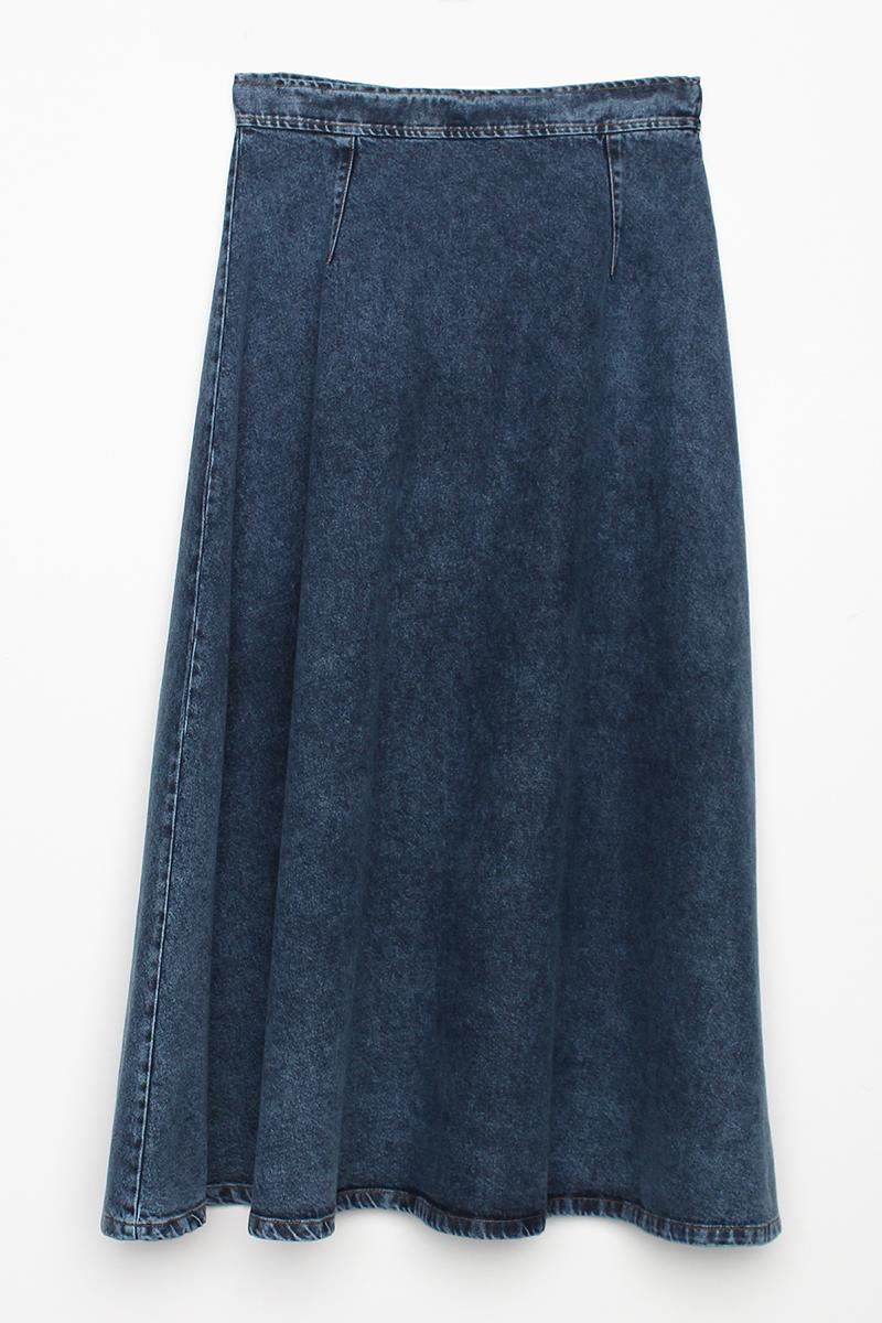 Orta Mavi-%100 Pamuk Fermuarlı Kloş Denim Etek