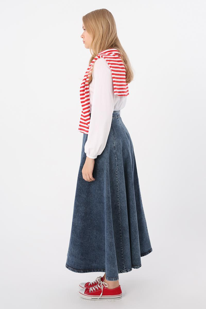 Orta Mavi-%100 Pamuk Fermuarlı Kloş Denim Etek