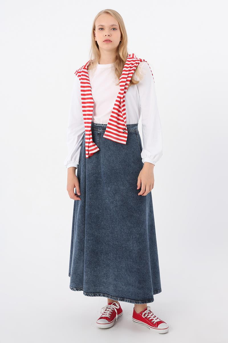 Orta Mavi-%100 Pamuk Fermuarlı Kloş Denim Etek