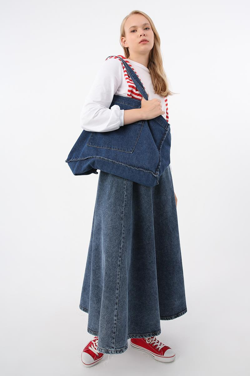 Orta Mavi-%100 Pamuk Fermuarlı Kloş Denim Etek