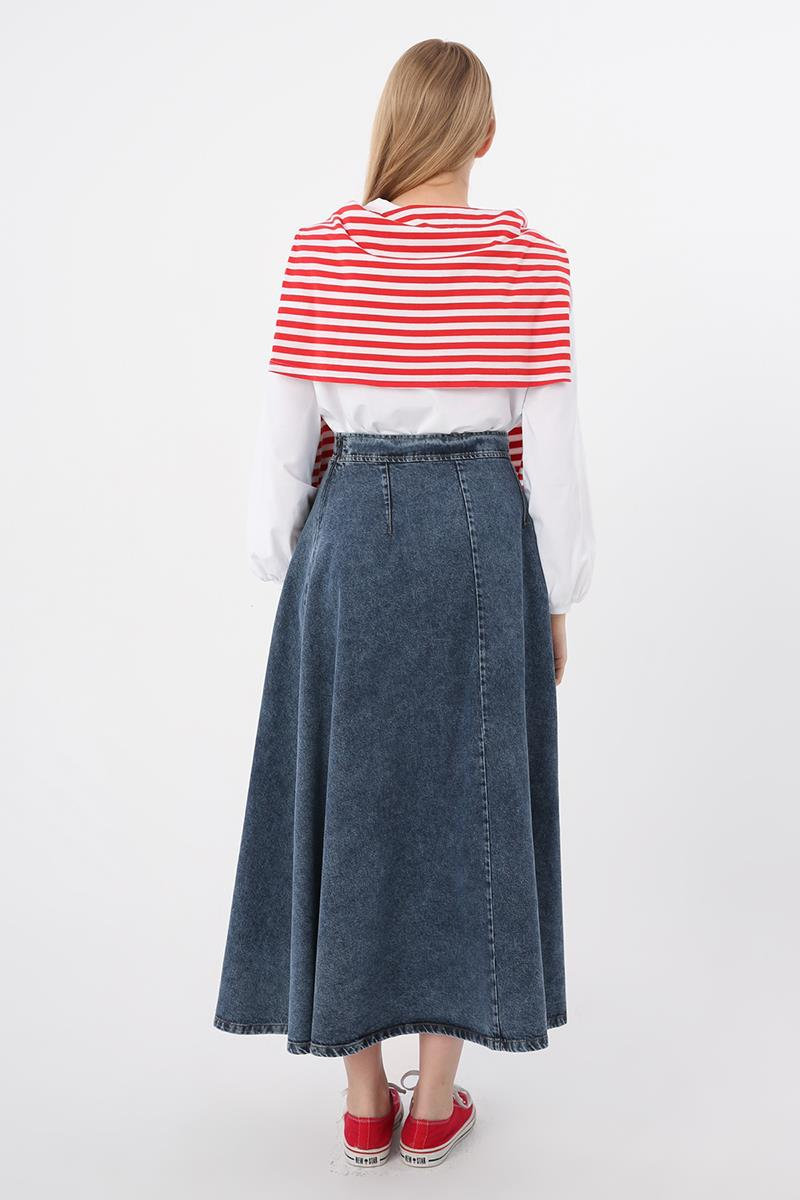 Orta Mavi-%100 Pamuk Fermuarlı Kloş Denim Etek