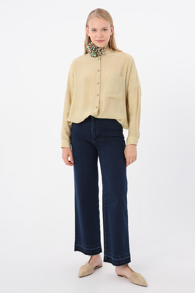 Orta Mavi-Pamuklu Wide Leg Denim Pantolon