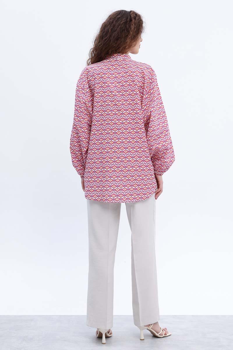 Pembe-Beyaz-%100 Pamuklu Desenli Poplin Gömlek Tunik