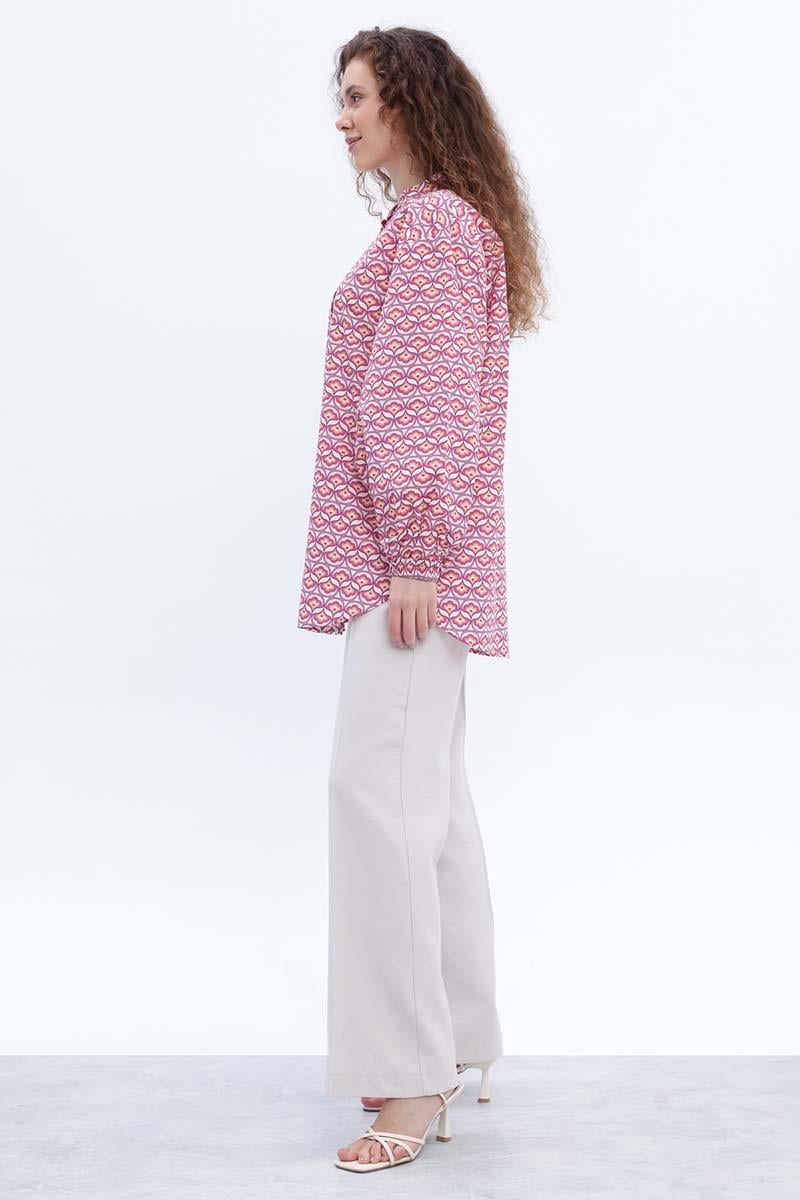 Pembe-Beyaz-%100 Pamuklu Desenli Poplin Gömlek Tunik