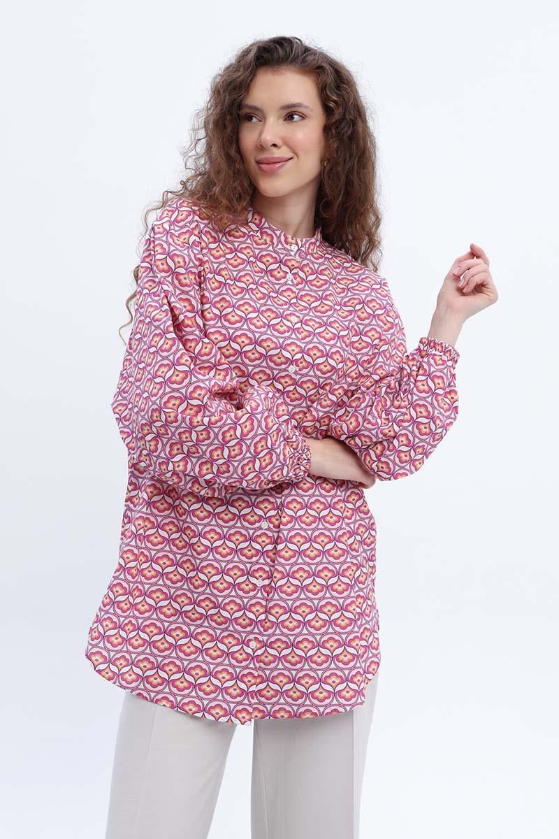 Pembe-Beyaz-%100 Pamuklu Desenli Poplin Gömlek Tunik