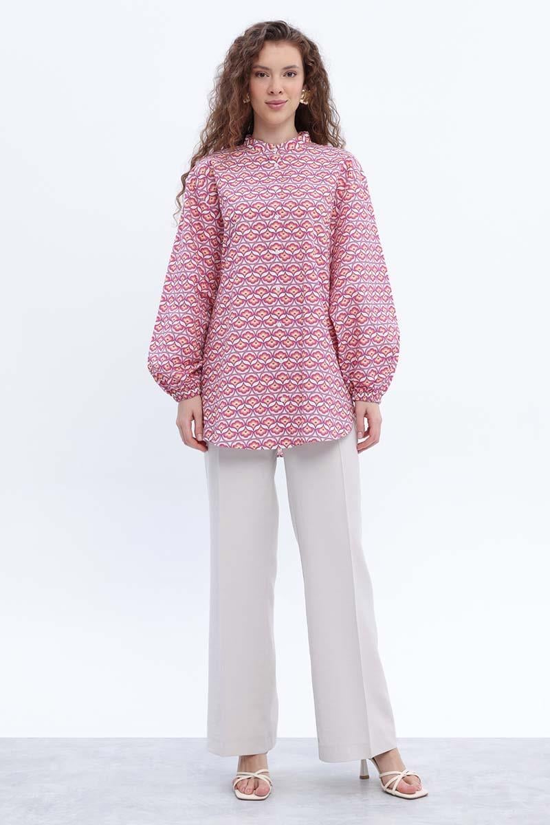 Pembe-Beyaz-%100 Pamuklu Desenli Poplin Gömlek Tunik