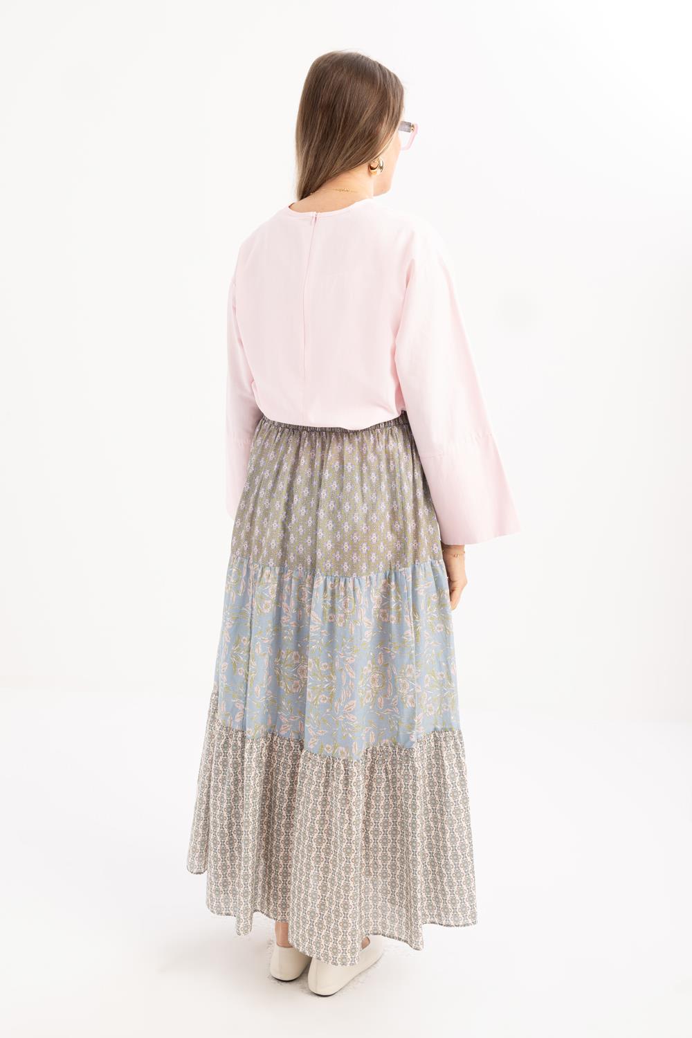 Pink-Blue-Elastic Waist Ruffled Skirt