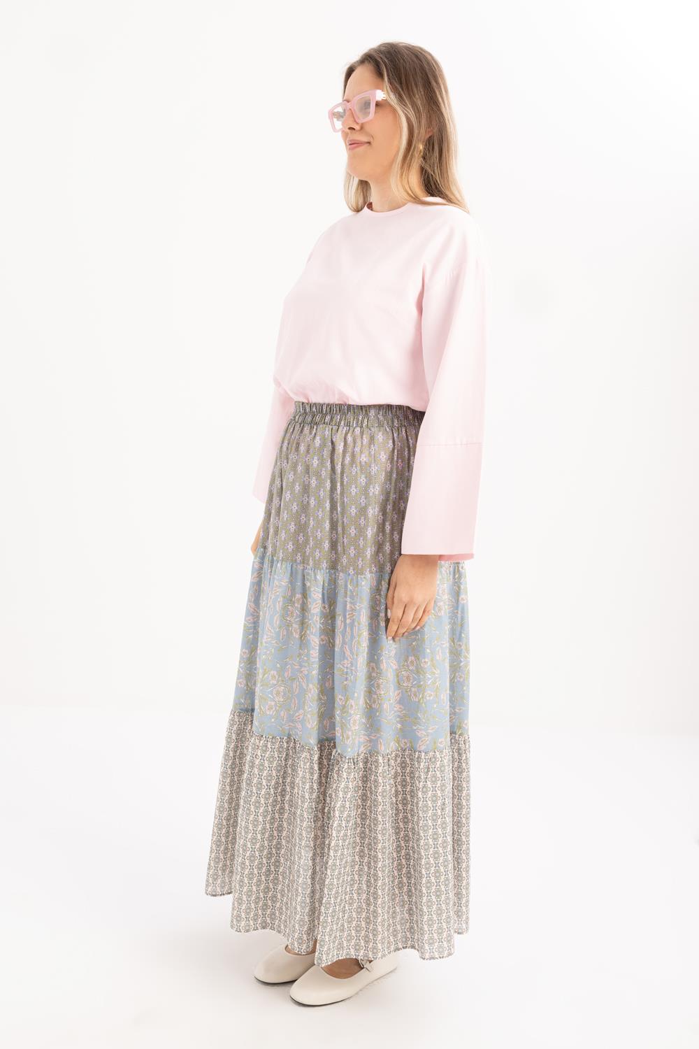 Pink-Blue-Elastic Waist Ruffled Skirt
