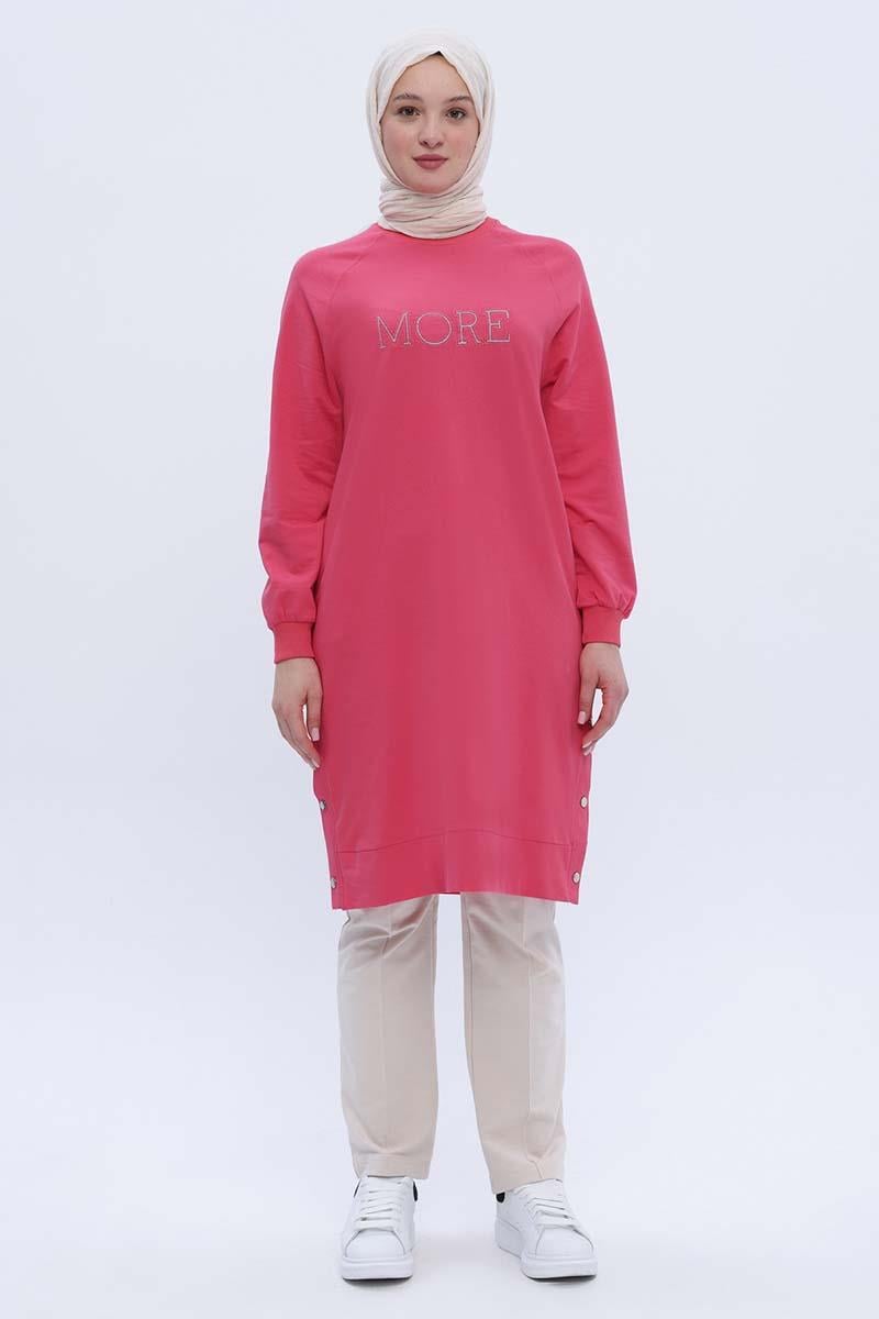 Pembe-Pamuklu Nakışlı Sweat Tunik