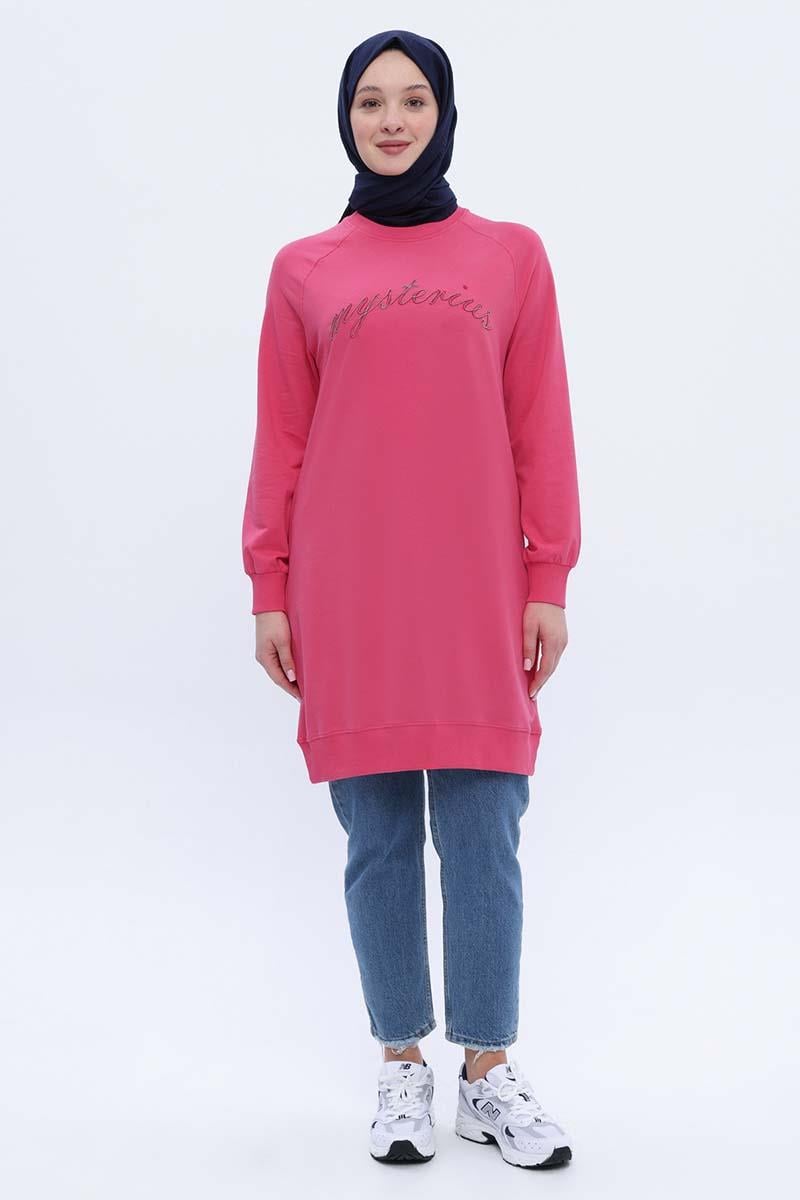 Pembe-Pamuklu Reglan Kol Zincir Nakışlı Sweat Tunik