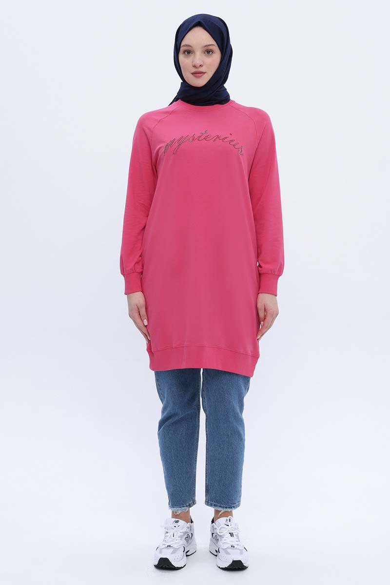 Pembe-Pamuklu Reglan Kol Zincir Nakışlı Sweat Tunik
