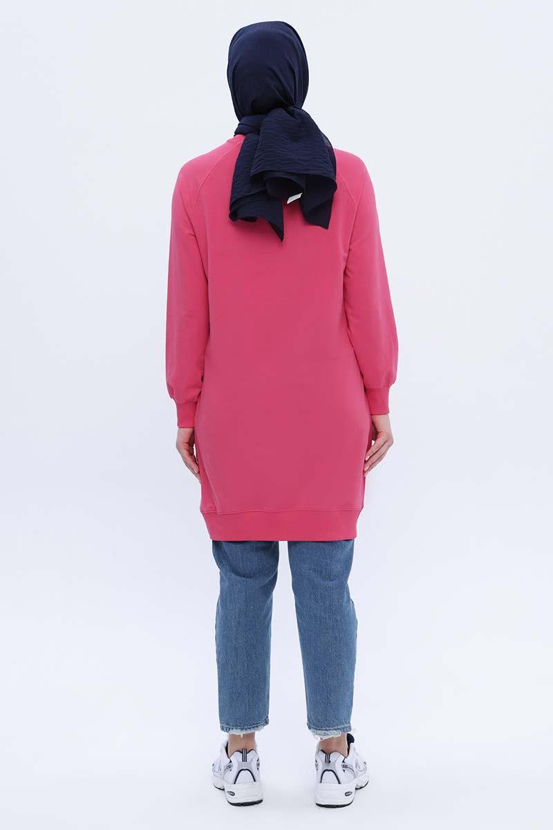 Pembe-Pamuklu Reglan Kol Zincir Nakışlı Sweat Tunik