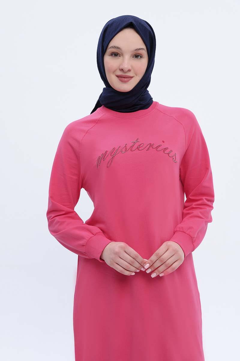 Pembe-Pamuklu Reglan Kol Zincir Nakışlı Sweat Tunik