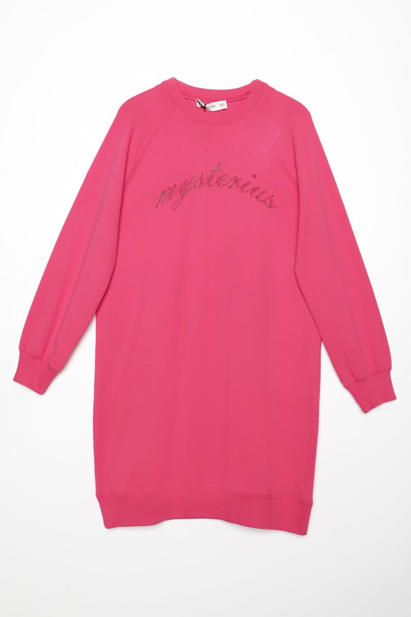 Pembe-Pamuklu Reglan Kol Zincir Nakışlı Sweat Tunik