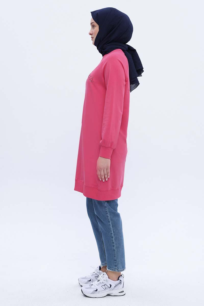 Pembe-Pamuklu Reglan Kol Zincir Nakışlı Sweat Tunik