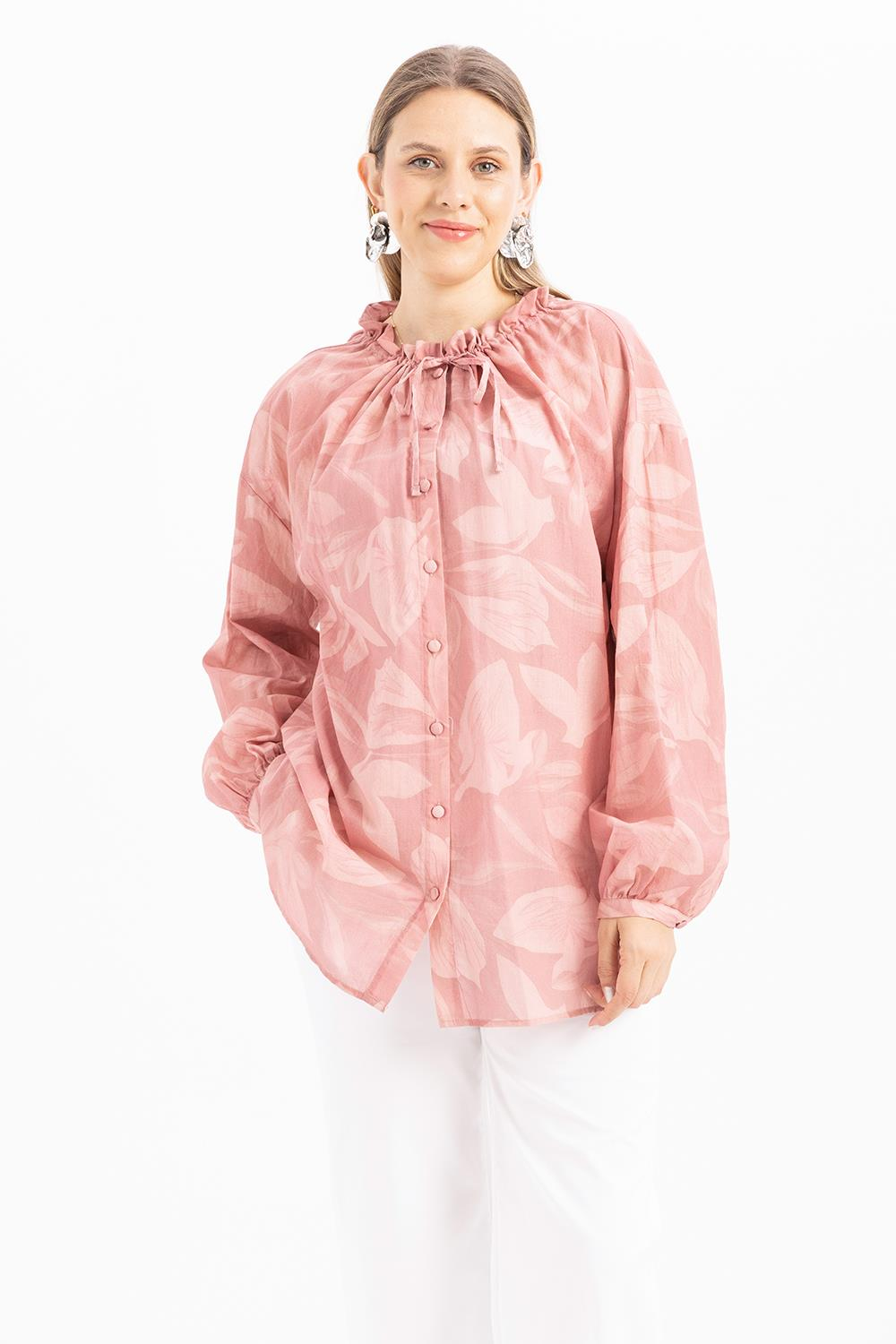 Pembe-Yaka Büzgülü Desenli Gömlek
