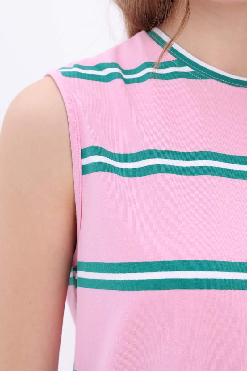 Pink-Green-Cotton Striped Zero Sleeve Tunic