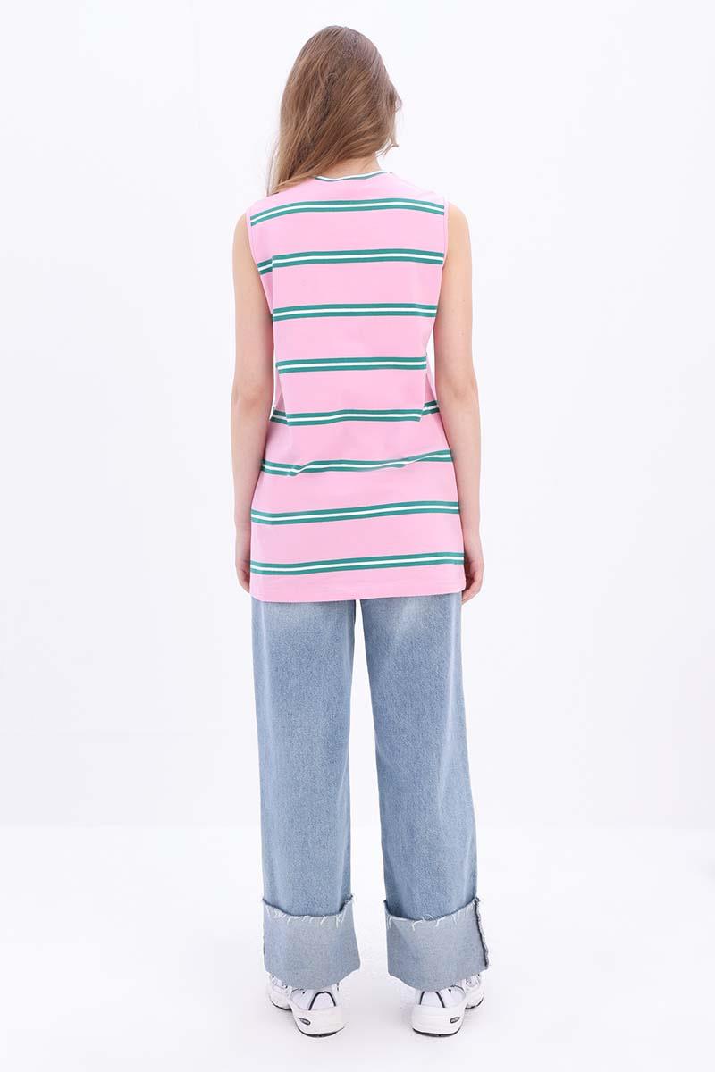 Pink-Green-Cotton Striped Zero Sleeve Tunic