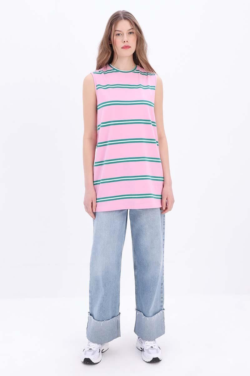 Pink-Green-Cotton Striped Zero Sleeve Tunic