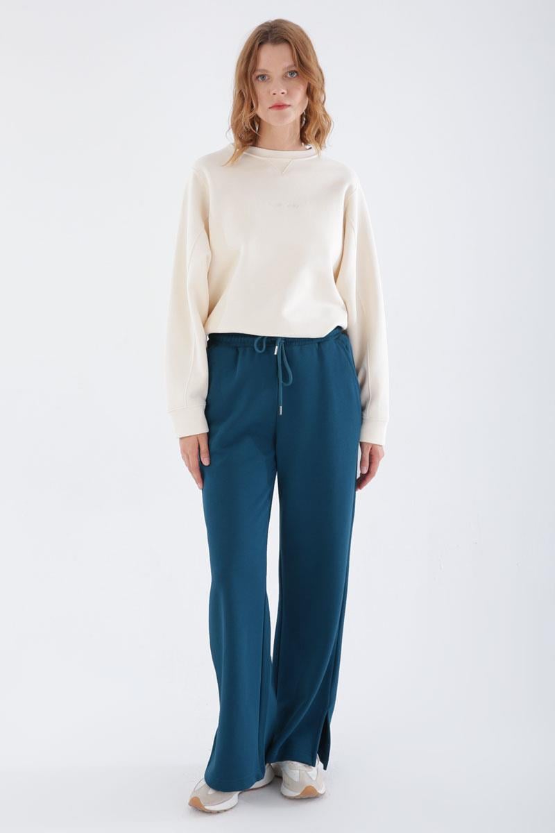 Petrol-Waist Elastic Wide Leg Slit Sweatpants