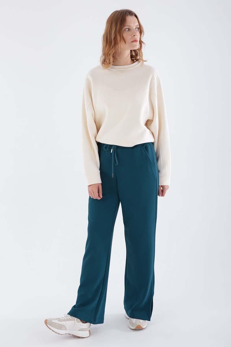 Petrol-Waist Elastic Wide Leg Slit Sweatpants