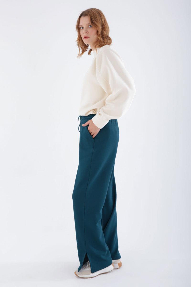 Petrol-Waist Elastic Wide Leg Slit Sweatpants