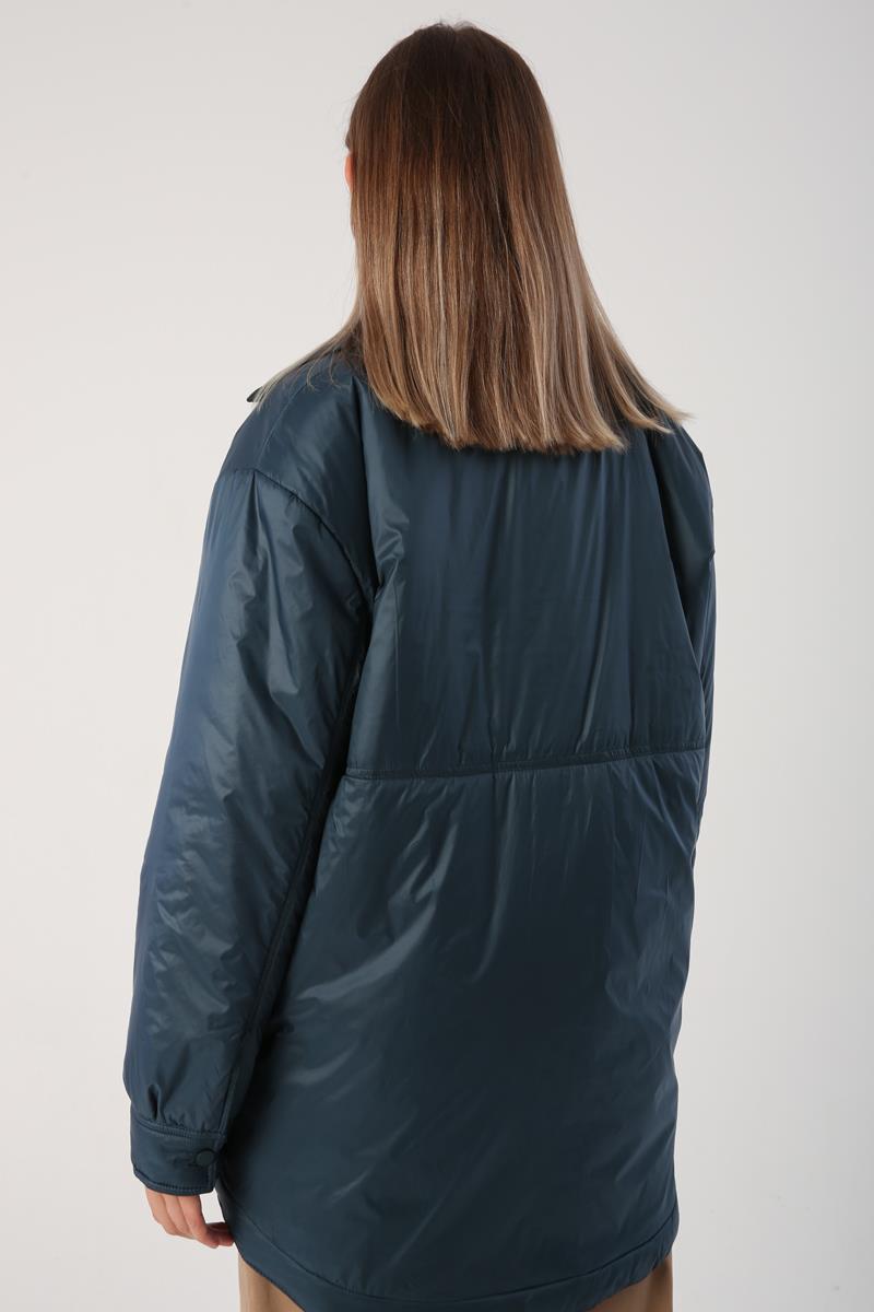 Petrol-Oversize Çıtçıtlı Gömlek Yaka Mont