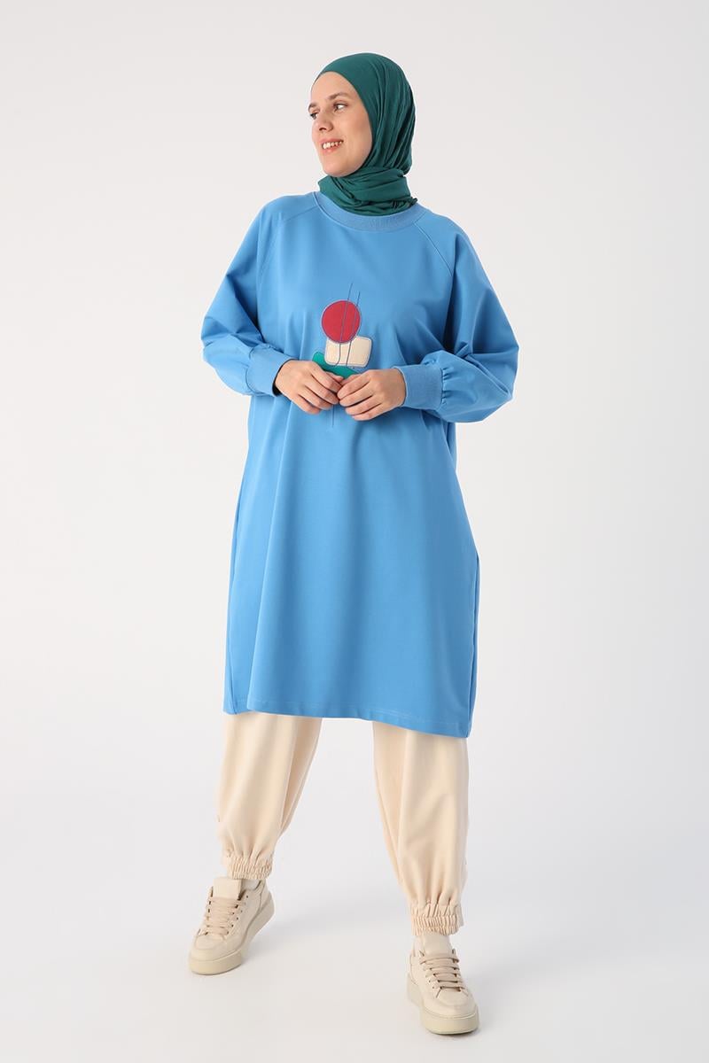 Saks-Aplike Nakışlı Büyük Beden Sweat Tunik