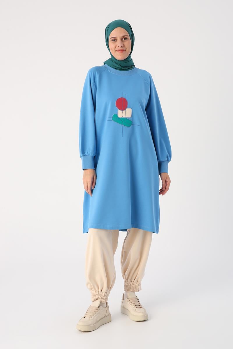 Saks-Aplike Nakışlı Büyük Beden Sweat Tunik