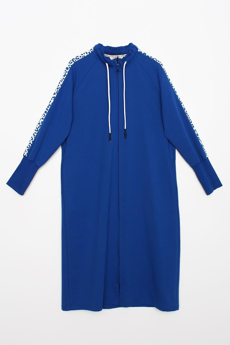 Saks-Baskılı Garnili Yakası Lastikli Uzun Sweat Hırka