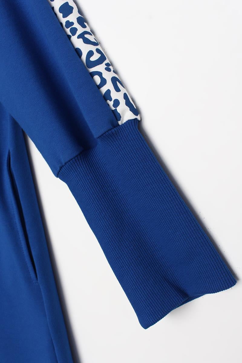Saks-Baskılı Garnili Yakası Lastikli Uzun Sweat Hırka