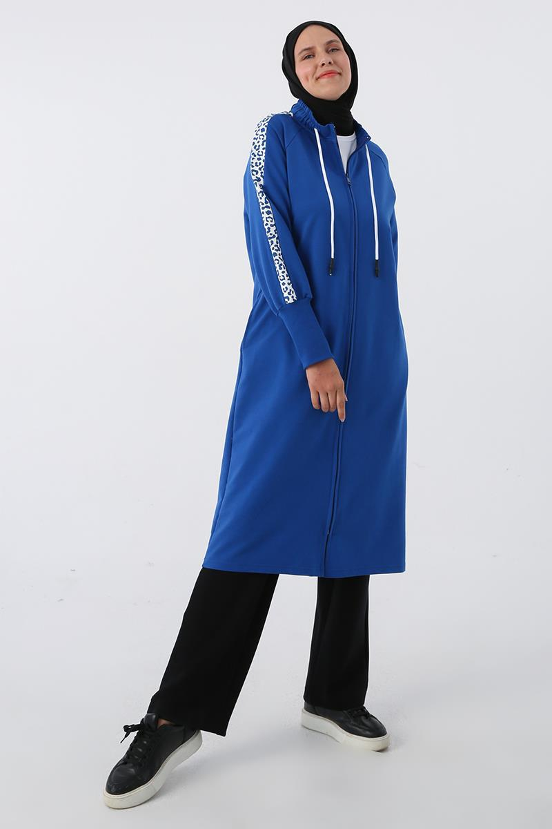 Saks-Baskılı Garnili Yakası Lastikli Uzun Sweat Hırka