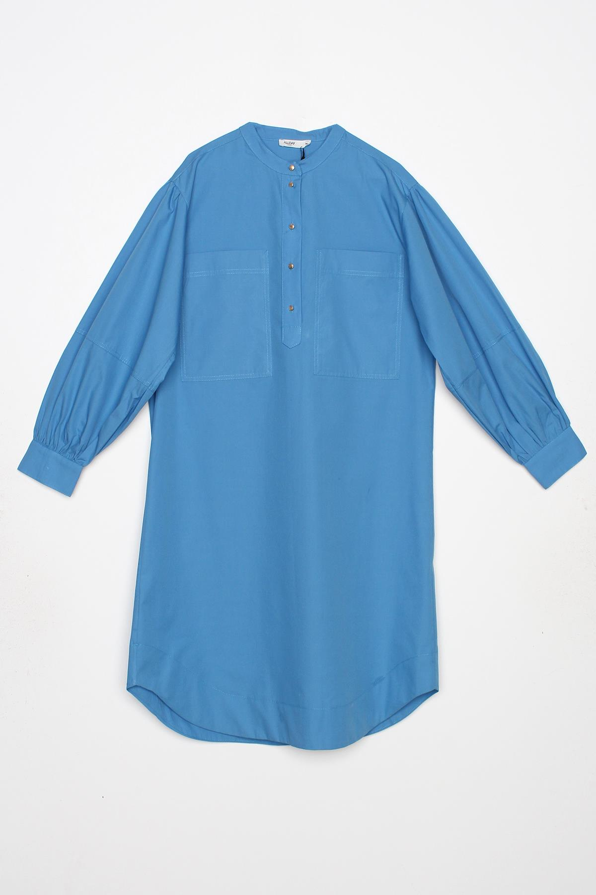 Saks-Oversize Büyük Cepli Eteği Oval Kesim Uzun Tunik