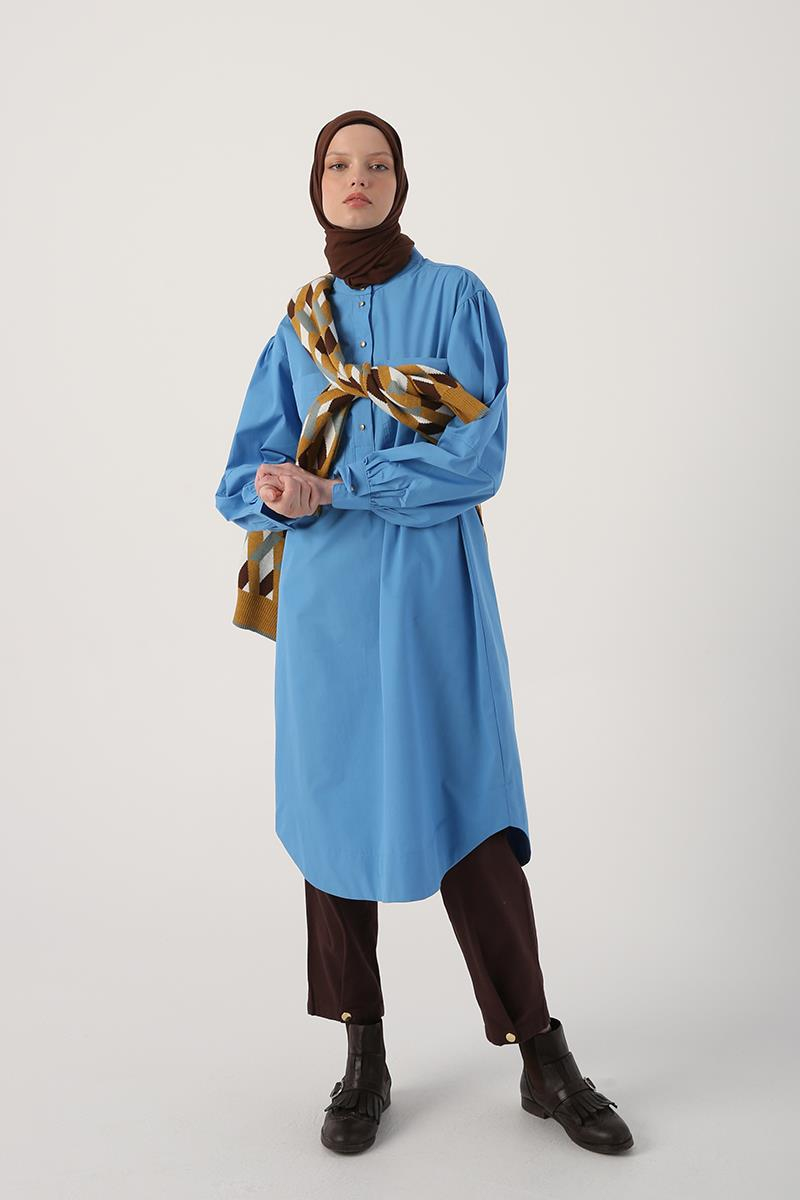 Saks-Oversize Büyük Cepli Eteği Oval Kesim Uzun Tunik