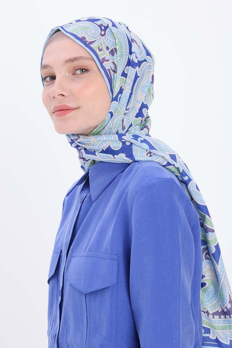 Saks-Yeşil-Desenli Pamuklu Şal