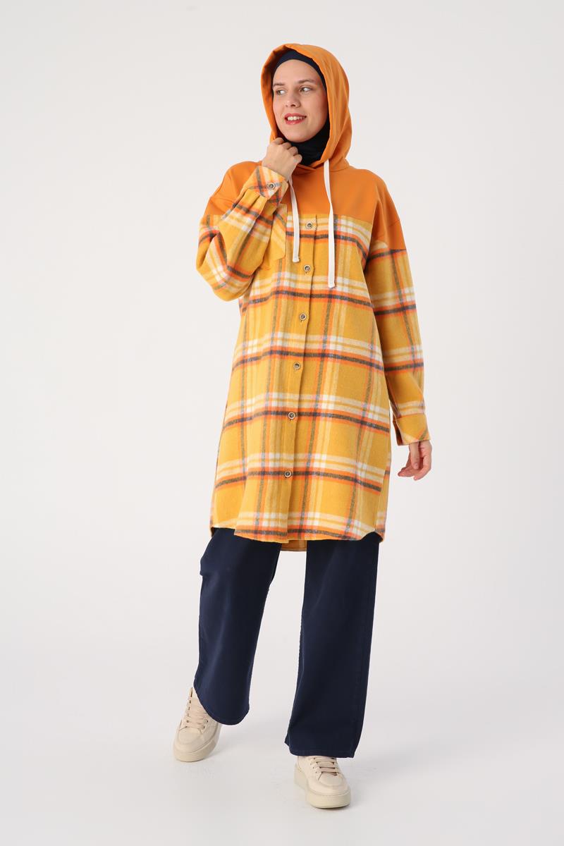 Sarı-Oranj-Oversize Oduncu Örme Garnili Ekoseli Kapşonlu Tunik