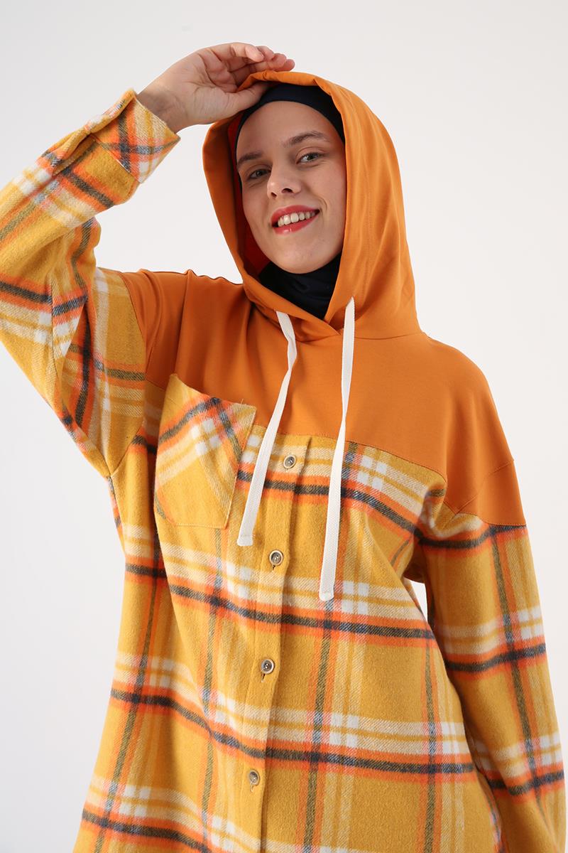 Sarı-Oranj-Oversize Oduncu Örme Garnili Ekoseli Kapşonlu Tunik