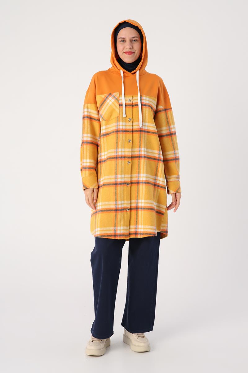 Sarı-Oranj-Oversize Oduncu Örme Garnili Ekoseli Kapşonlu Tunik