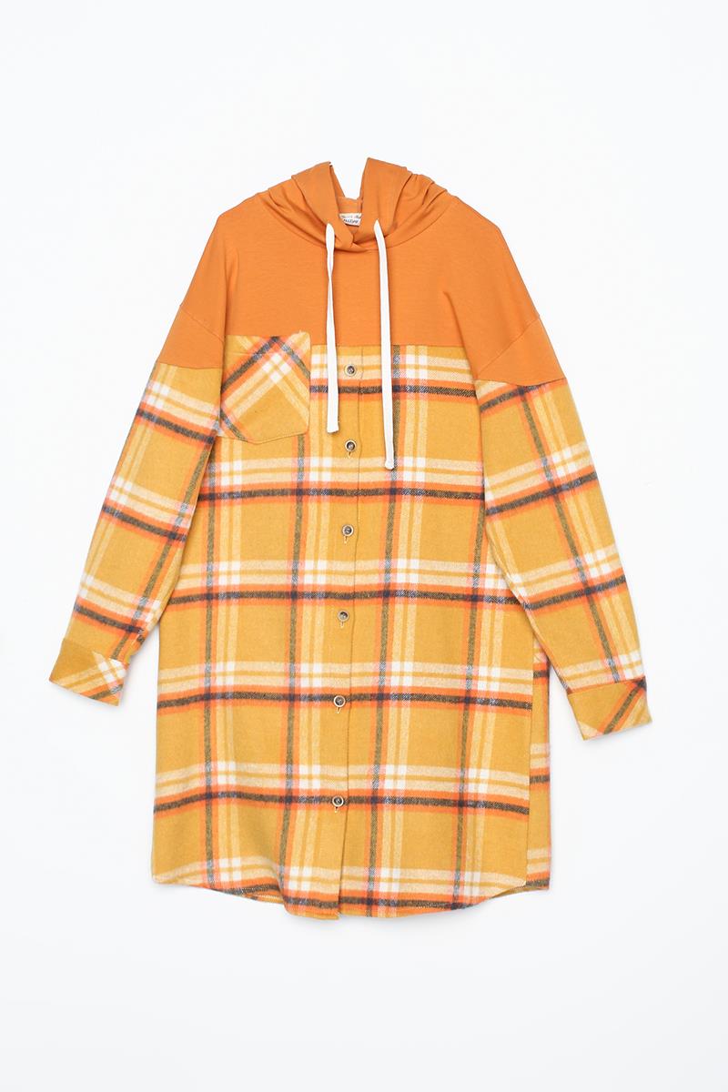 Sarı-Oranj-Oversize Oduncu Örme Garnili Ekoseli Kapşonlu Tunik