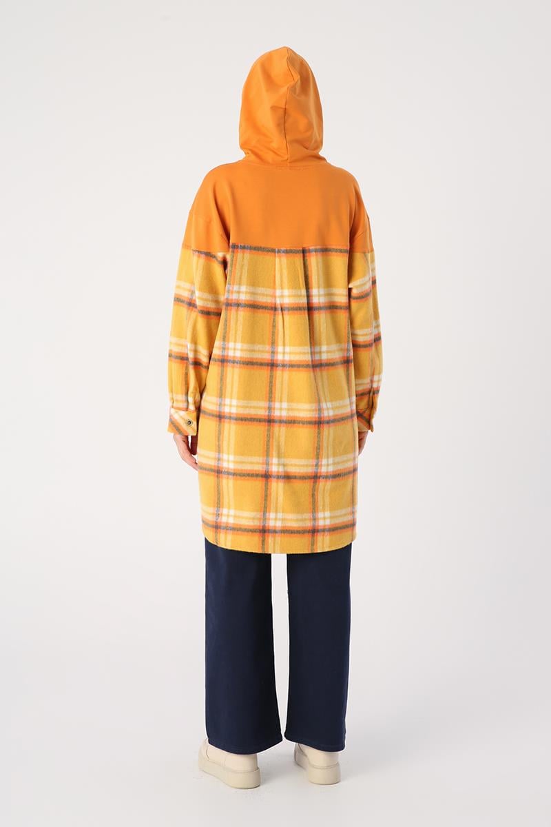 Sarı-Oranj-Oversize Oduncu Örme Garnili Ekoseli Kapşonlu Tunik