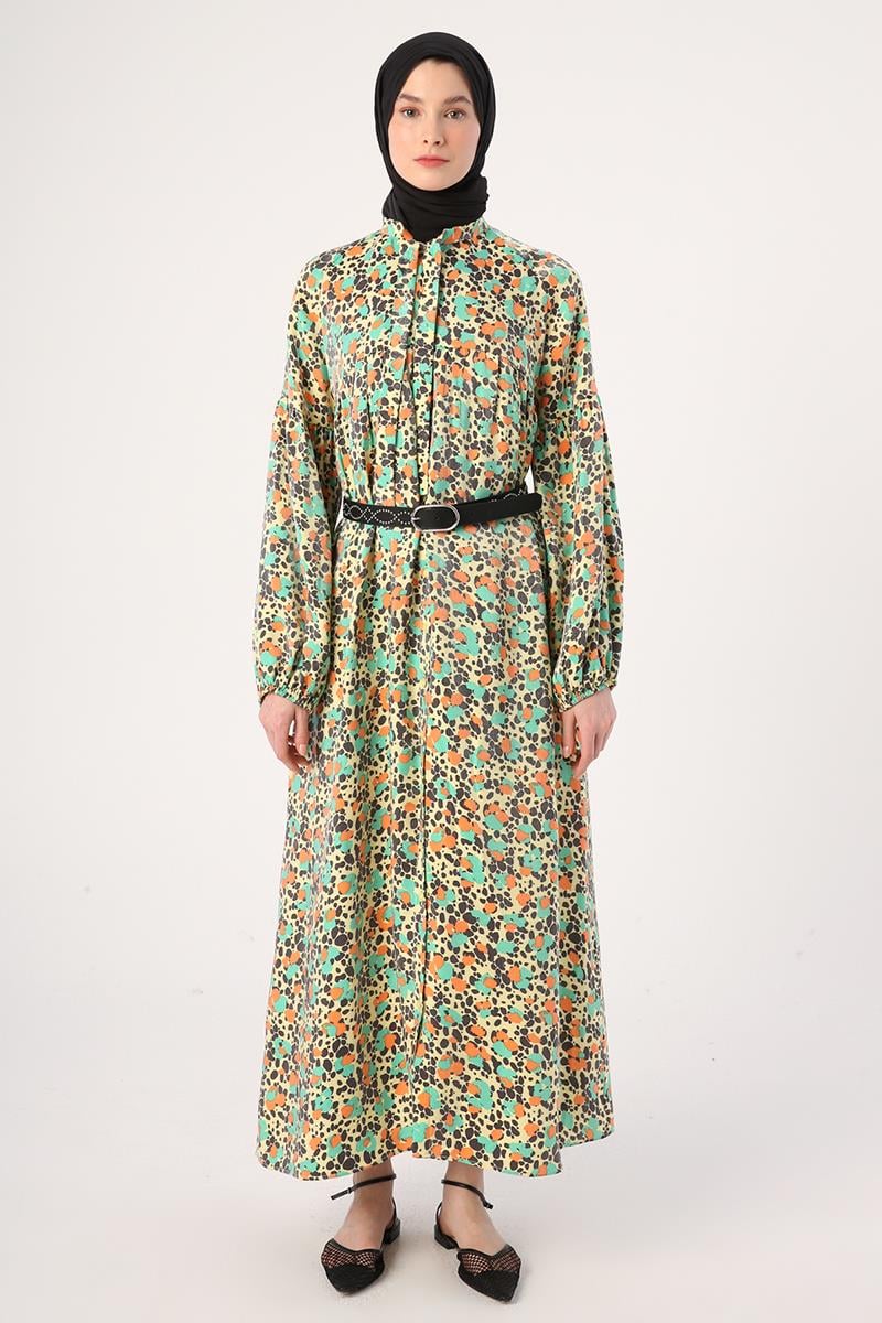 Yellow-Green-Neck Scarf Printed Pattern Sparkly Dress