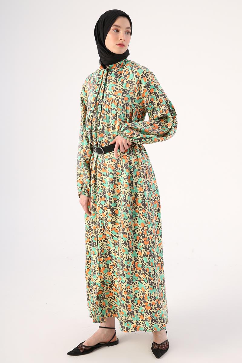 Yellow-Green-Neck Scarf Printed Pattern Sparkly Dress