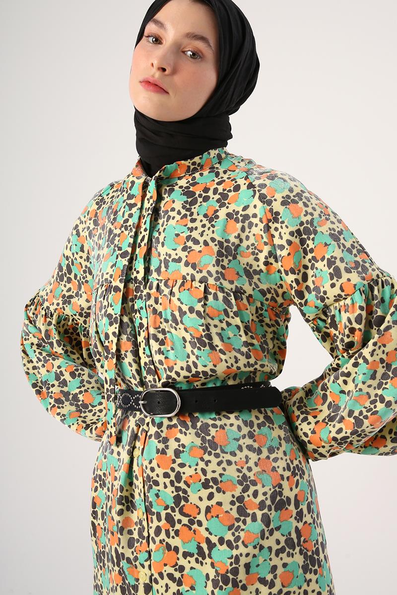 Yellow-Green-Neck Scarf Printed Pattern Sparkly Dress