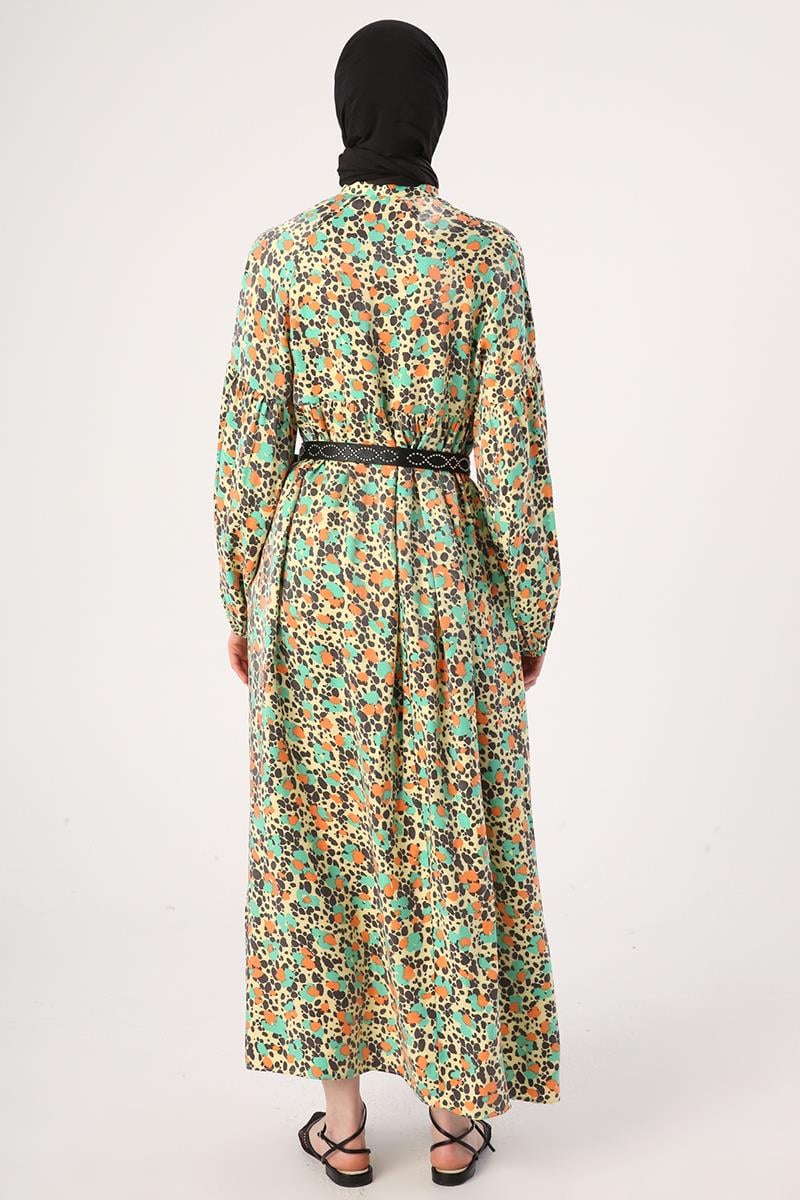 Yellow-Green-Neck Scarf Printed Pattern Sparkly Dress