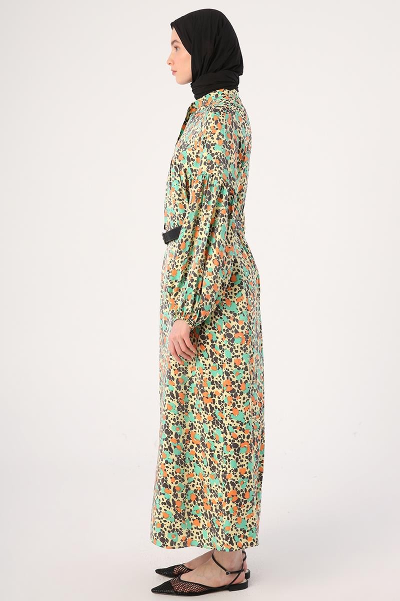 Yellow-Green-Neck Scarf Printed Pattern Sparkly Dress